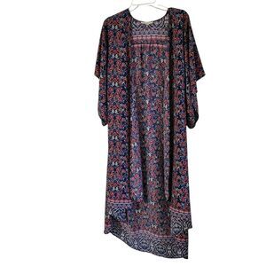 Band of Gypsies Bohemian Maxi Floral Duster Kimono  - Navy and Coral